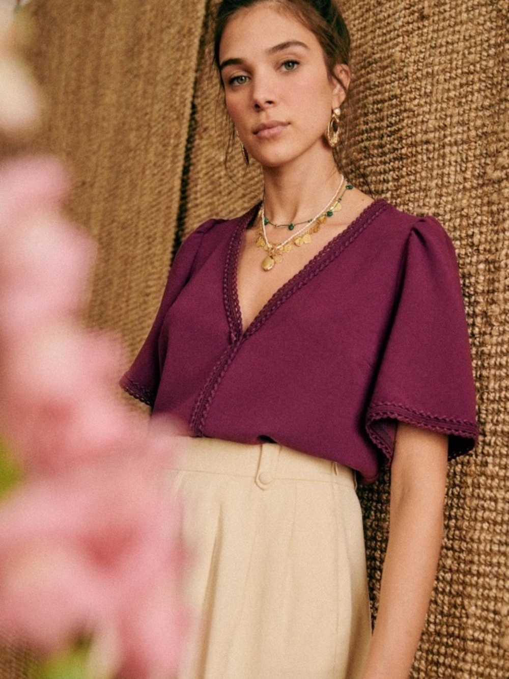 Sezane Plum V-Neck Flutter Sleeve Blouse